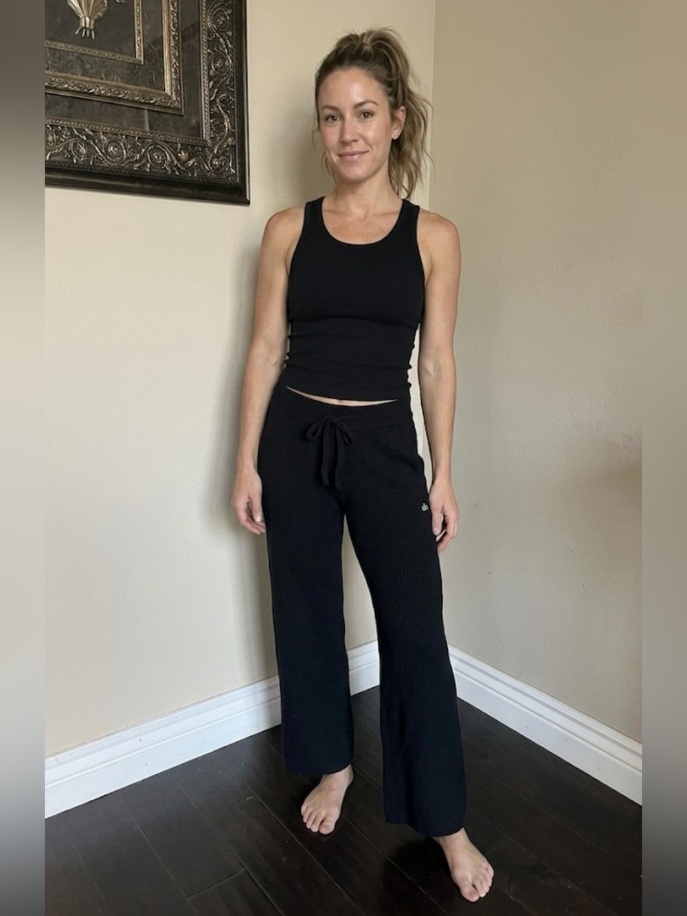 ALO Yoga Black Ribbed Wide-Leg Drawstring Pants